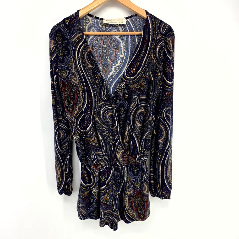 Vintage Havana Romper Womens Large Blue Paisley Boho Long Sleeve Surplice V-Neck